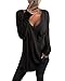 Produktbild kenoce Tshirt Damen Langarm Tunika Shirt Basic Longshirts V-Ausschnitt Asymmetrischer Oberteile Casual Sexy Tops Bluse A-Schwarz M