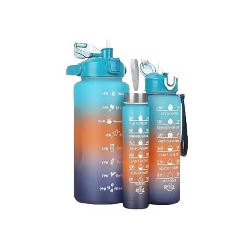 PNJB 3 Pcs Drinking Bottle with Convenient Straw Set, Leakproof and Portable 2L, 700ML, 300ML, Equipped with Time Markings and Motivational Quotes, (Blue)