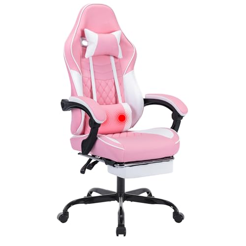 Image of Gaming Chair with Footrest for Home Office - High Back Computer Chair with Headrest and Lumber Support, Ergonomic Height Adjustable Leather Game Chairs (White+Pink)