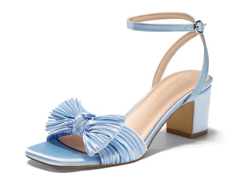 Coutgo Womens Bow Heels Sandals Block Low Heel Wedding Bride Dressy Shoes Open Toe Ankle Strap Sandals Blue Size 8