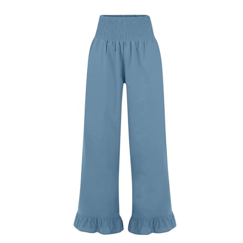 Image of Womens Linen Palazzo Pants Ruffle Hem Drawstring Boho Trousers Beach Travel Vacation Outfits