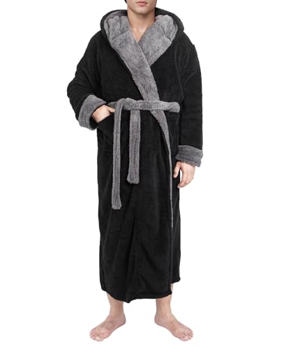Yoimira Mens Robe with Hood, Big and Tall Plush Fleece Long Robe for Men Full-Length Bathrobe Cozy and Warm With Pockets