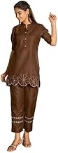 Lilots Women's Casual Slub Cotton Co-Ord Set | Fashionable Embroidered Kurta Set | 2 Piece Top Bottom Set