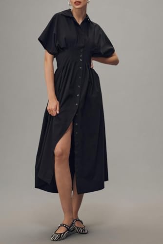 Image of Chvity Women Stripe Tunic Maxi Shirt Dress Fashion Slim Fit Button Pleated Dresses Casual Short Sleeve Long Dress