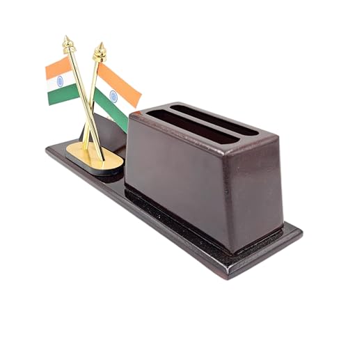 Image of WOOD HOUSE Wooden Pen Stand with Mobile Holder & 100-Year Perpetual Calendar for Office Table | Desk Organizer with New Year 2024 Calendar (Wooden Pen Stand With Indian Flag)