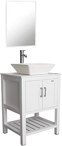 Eclife 24” Bathroom Vanity Sink Combo White Cabinet Square Ceramic Vessel Sink & 1.5 Gpm Water Save Faucet & Chrome Pop Up Drain, W/Mirror (A07 B06Wh) #TOP12
