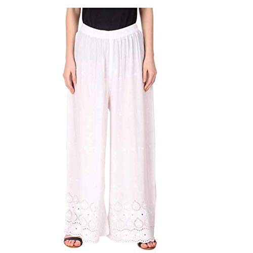 Image of TRIFON Women Mid Rise Lucknow Chicken Embroidred Cotton Rayan Regular Fit Palazzo Color White Free Size 28 to 38.