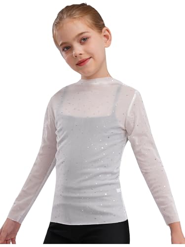 Girls Sequin Shiny See-Through Tops Toddler Kids Long Sleeve Crewneck Sheer Mesh Shirts Blouses
