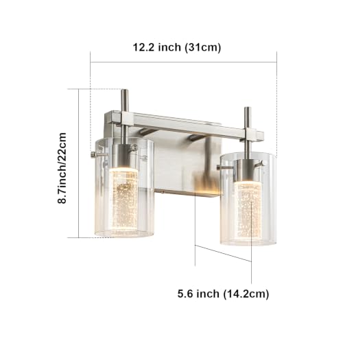 Image of 2-Light Brushed Nickel Vanity Light with 3 Color Modes (3000K /4000K /6000K), Eye Protection LED Bathroom Light Fixture, Dimmable Modern Wall Light Over Mirror with Clear Glass Shade