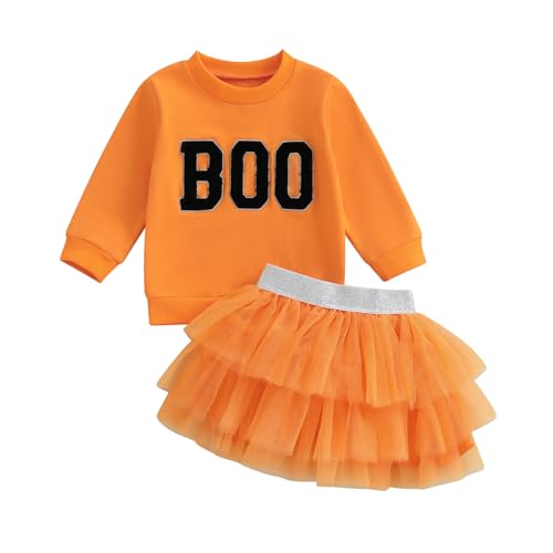 Kids Toddler Baby Girl Halloween Outfit Boo Embroidery Crewneck Sweatshirt Top Tulle Tutu Skirt Set Fall Clothes
