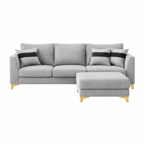 Image of Juliet 4 Seater L Shape Sofa Set with Movable Ottomans | Flexible Layout | Rich Velvet Suede Fabric | Silver Legs | Modern Sofa for Living Room (Light Grey)