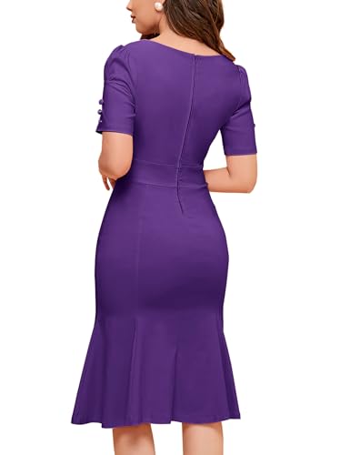 Image of MUXXN Women's Vintage 1950s Midi Crew Neck Short Sleeve Party Cocktail Work Casual Bodycon Dress