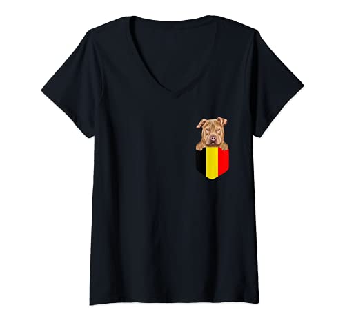 Womens Belgium Flag Usa Staffordshire Terrier Dog In Pocket V-Neck T-Shirt, Black