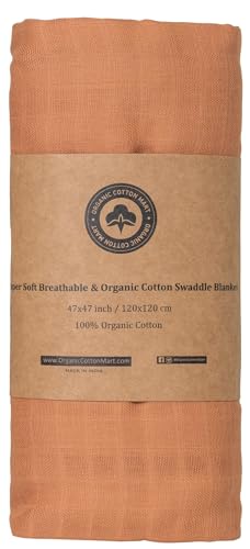Organic Cotton Orange Swaddle Blanket - 100% Cotton, Muslin Weave, Extremely Soft, Breathable, All-Natural, 47"x47", Versatile Use Swaddle Blanket - Gauze Swaddling Blanket for Newborns (Orange)