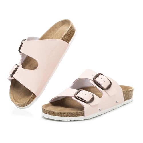 Image of FITORY Womens Flat Sandals with Cork Footbed, Open Toe Arch Support Slides Adjustable Slip On Slippers for Summer 2026 Size 6-11