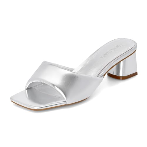 MIRAAZZURRA Heel Mules for Woman Square Open Toe Chunky Block Heel Slip on Heeled Sandals Casual Comfort Party Shoes