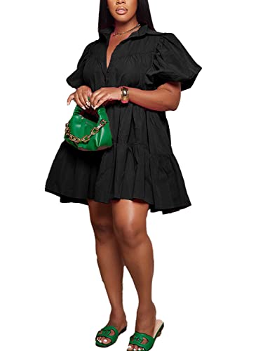 Image of WOKANSE Women's Cute Babydoll Dresses Casual Loose Puff Sleeves Ruffle Hem Button Down Pleated Shirt Dress