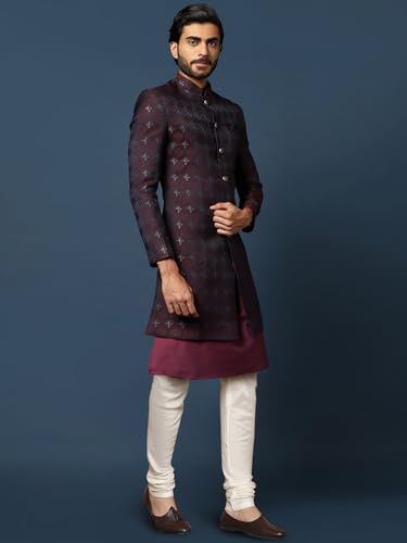 Kisah Mens Kurta Sherwani Churidar Set Silk Blend Jacquard, Indo-Western Mens Wear, Purple, 44