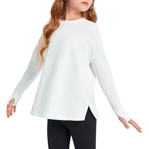 Haloumoning Girls Athletic Shirts Long Sleeve Active Quick Dry Tops Kids Gym Yoga Tees with Thumb Holes 5-14 Years, White, 5-6 Years Cover