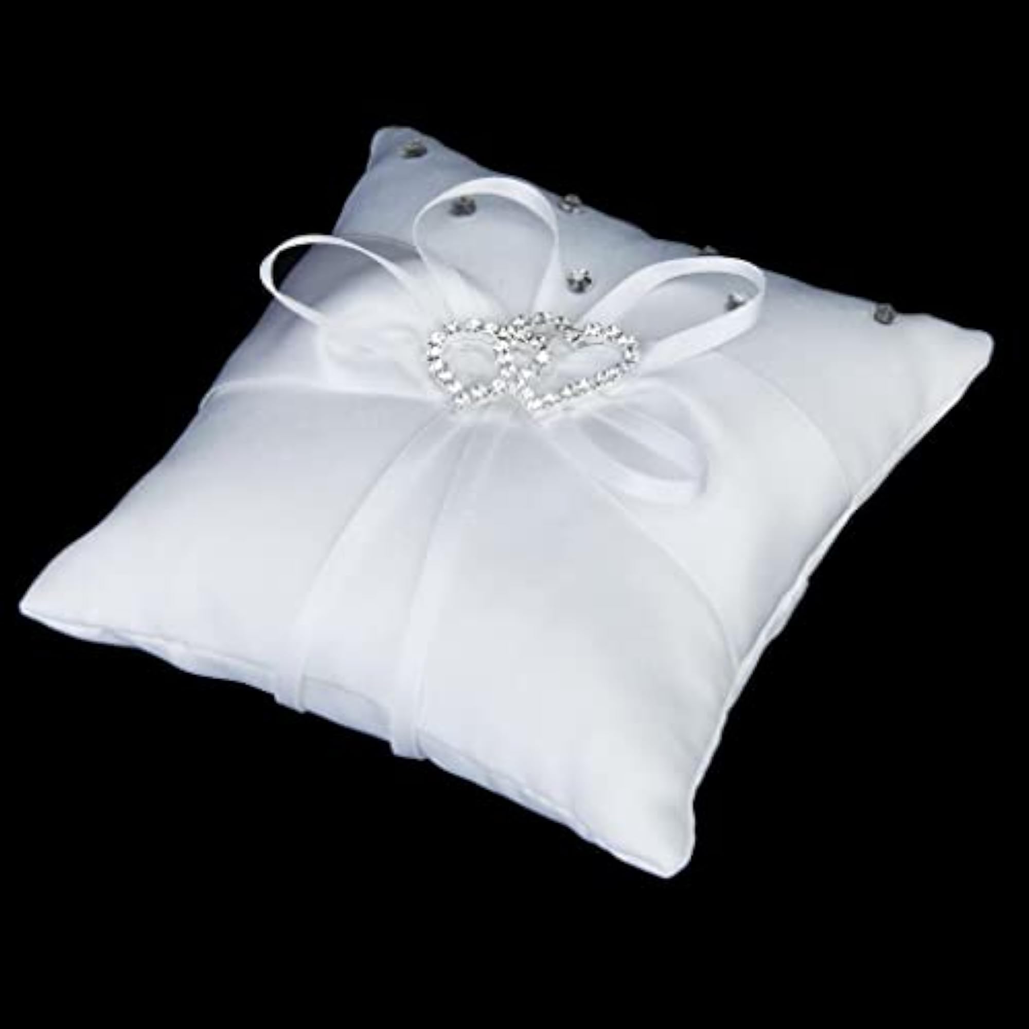 White Double Heart Crystal Rhinestone Wedding Pocket Ring Pillow Cushion