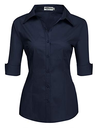Hotouch Womens Button Down Shirts 3/4 Sleeve Slim Fit Cotton Casual Blouse Top (Navy Blue L)