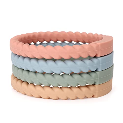 Socub Silicone Baby Teether Toy, 4 Pack BPA Free Soft Silicone Teether Bracelets for 3+Month Babies, Wearable as Bracelets, Baby Chew Toy (Sage/Ether/Muted/Apricot)