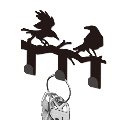 DELORIGIN Key Holder for Wall, Black Iron Key Hooks Wall Mounted Branch Crow Key Rack with 3 Hooks, Small Key Hangers House Key Holder for Keys Bag Dog Leash Storage Wall Decorative Entryway