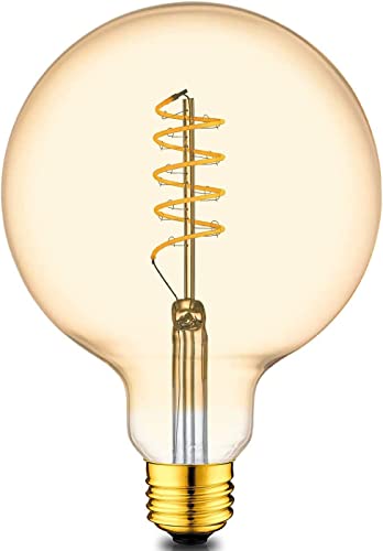 Vintage Edison Light Bulb, G95 Globe Curved Spiral Filament LED Bulb E27 Screw Base 4W (40W Replacement) 350LM 2200K Retro Antique Old Fashioned Style Flicker-Free - 1 Pack Amber Glass Gold Tinted