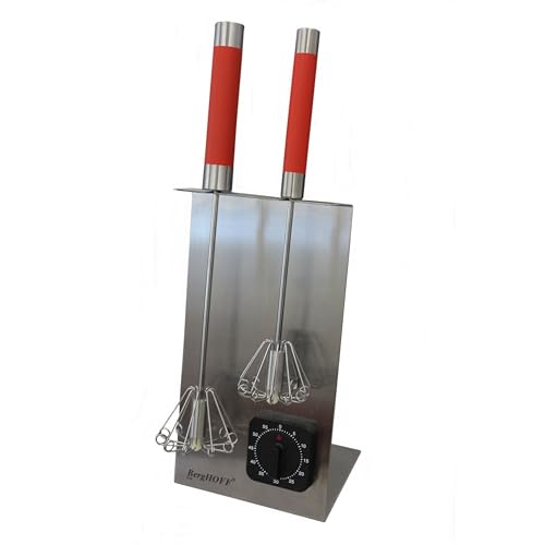 BergHOFF Stainless Steel Set of 3Pc Whisk Stand & Timer Silver & Red Ergonomically Designed Handle