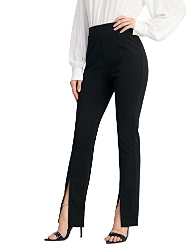 Wdirara Women's Split Front Elastic High Waist Elegant Flare Leg Long Pants Black M #TOP2
