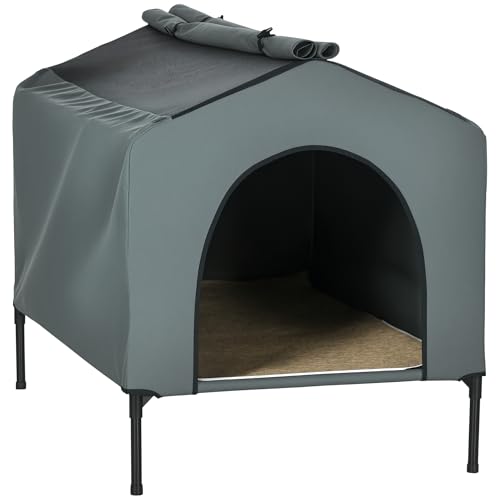 PawHut Caseta para Perros 130x85x95 cm Cama para Perros con Cojín Ventanas de Malla Enrollable y Cubierta Exterior para Perros Grandes Gris