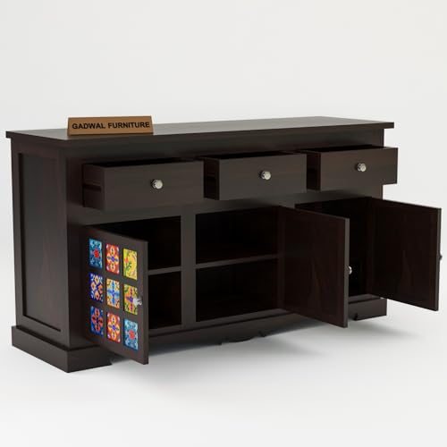 Image of Handcrafted Solid Sheesham Wood Wooden Cabinet & Sideboards with 3 Drawers and 6 Shelves for Living Room or Bedroom Storage (Boho, Walnut Finish)