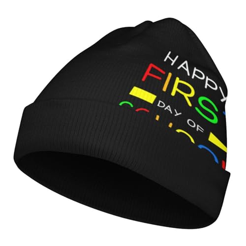 Happy First Day of School Kids Beanie Hat for for Girls Boys Children Cap Winter Knitted Chemo Cancer Headwear Accessories Gifts Decoration Black