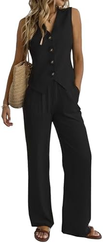 Women's 2 Piece Outfits Linen Vest Waistcoat Dressy Casual Sets W...