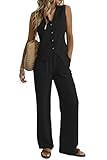 Women's 2 Piece Outfits Linen Vest Waistcoat Dressy Casual Sets Wide Leg Pants Suits Black