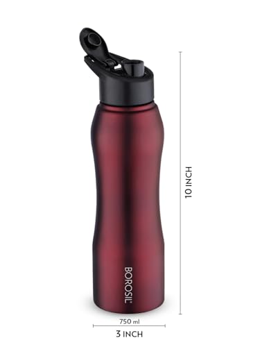Borosil 750 ml Hydra 4pc Set of Grip n Sip Stainless Steel Water Bottle | ISI Certified, Made in India | Single Wall, Leakproof| Bottle for Office, School, College & Gym | 1 Year Warranty | Maroon