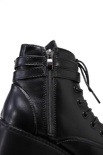 Image of Womens Goth Platform Boots Chunky High Heel Booties Round Toe Combat Ankle Boots Womens Lace Up Motorcycle Wedges Shoes