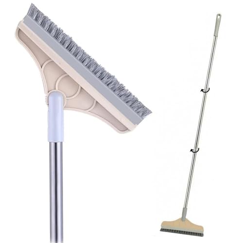 Image of 2 in 1 Floor Brush Scrubber with Long Handle Grout Brush 3 Poles 53.5'' New Upgrade Stiff Bristle Cleaning Scrub Brush with Squeegee 120Rotating Tile Brush for Cleaning Bathroom Glass Patio Kitchen