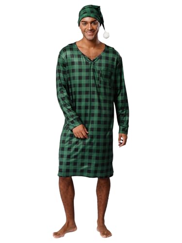 Mens Soft Loose Plaid Pajamas V Neck Nightshirt Sleepshirts with Sleeping Cap Pajama Set3