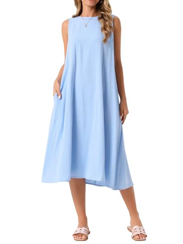Seta T Damen Ärmellos Leinenkleid Rundhalsausschnitt Lockere Passform Taschen Lässig Tank Sommer Kleid Blau L
