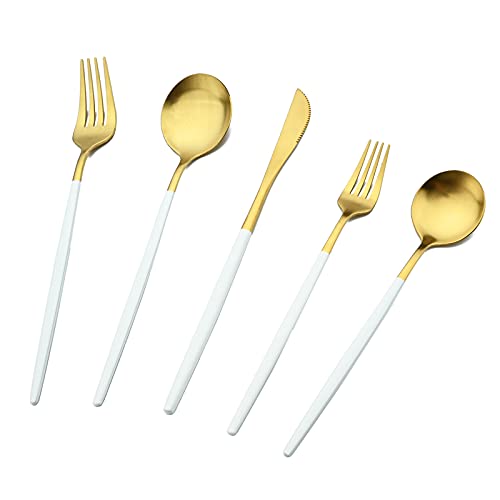 BRIIEC 30-piece White and Gold Silverware Set with Steak Knives for 6, 18/0 Stainless Steel Flatware Cutlery Set, Hand Wash Recommended,Matte Finished
