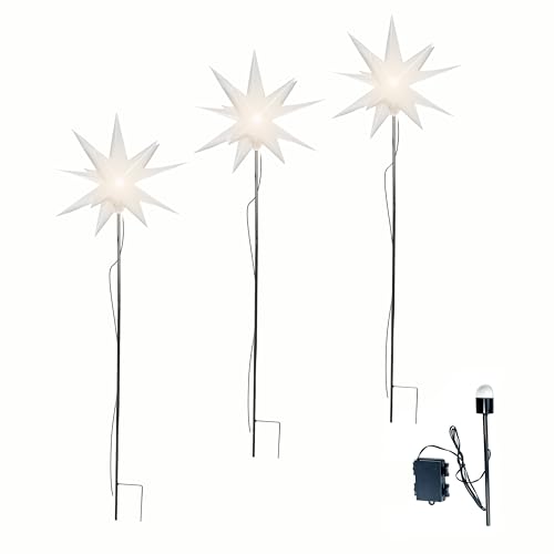 Leuchtstern 3D mit LED Beleuchtung | 3er Set mit Erdspieß | weiß |...