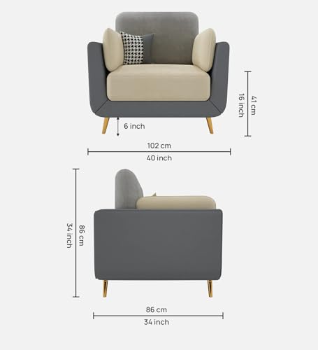 Image of Velvet Contemperory Sofa Couch with Cushion Chaise Lounge Sectional Perfect for Living Room & Bedroom Guests Home & Office (One Seater Sofa Grey & Beige)