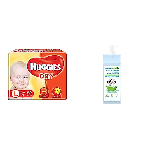 Image of Huggies New Dry Large Size Diapers (52 Counts) & Mamaearth Milky Soft Shampoo with Oats, Milk and Calendula for Babies (400 ml)