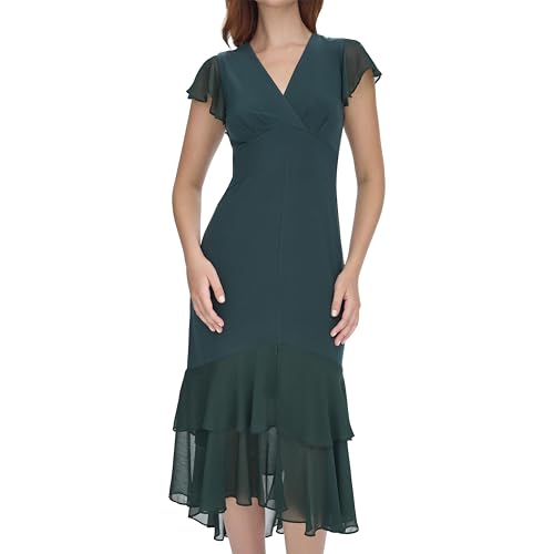 Image of Tommy Hilfiger Women's Flutter Sleeve V-Neck Ruffle Trim Hi-Lo Midi Dress
