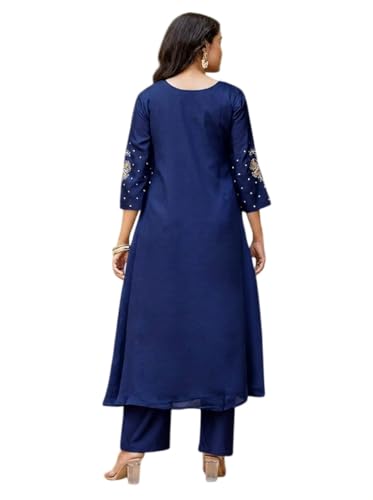 Image of Amazon Brand - Tavasya Women's Silk Chiffon Embroidered A-Line Kurta Set with Rayon Pant and Silk Chiffon Laced Dupatta | Kurti Set for Women