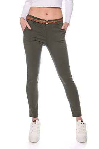 Kendindza Chino Damen Hose Stretch mit Gürtel Stoffhose Damen elegant lang (L, Khaki)