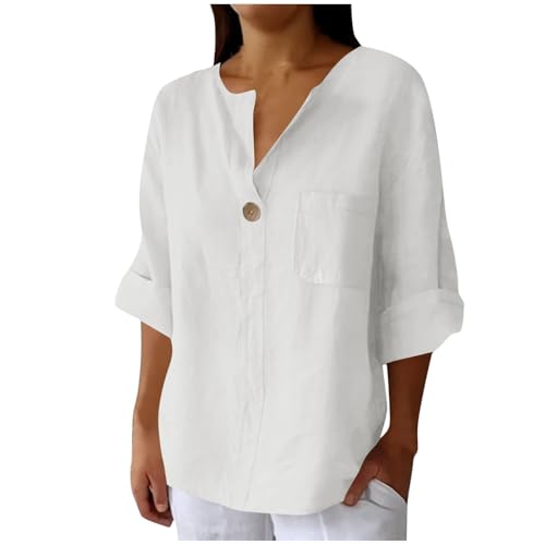 Blusas De Mujer Elegantes Manga Corta Algodón y Lino Basicas Blusas Manga 3/4 Verano Tallas Grandes Básica Ropa Mujer Verano 2025 Camisetas Cuello V Casual Suelto T Shirts Compra Online(Blanco,XL)
