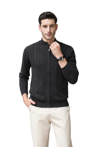 Mens 100% Wool Full Zip Cardigan Sweater Casual Mock Neck Cable Knitted Winter Chunky Sweaters