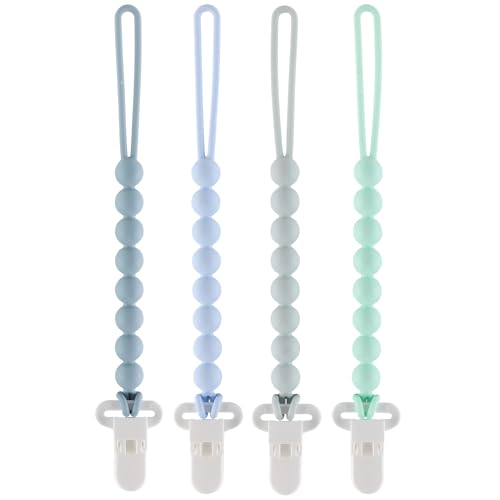 Image of 4-Pack Silicone Pacifier Clips with One-Piece Beads for Baby Boys and Girls - Flexible and Rust-Free Holders for Teething Relief and Baby Essentials, Safe for Newborns (Blue)